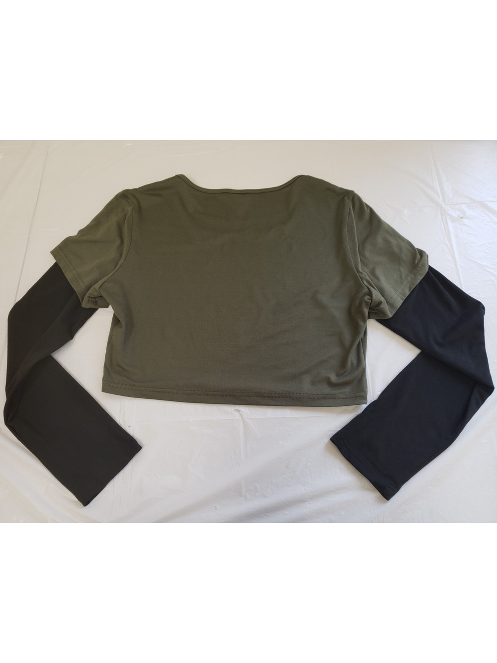 Women's Green Crop Stretch Activewear Black Long Sleeve Top Size L
